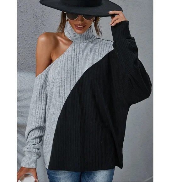 Colorblock Grey and Black Long Sleeve Tee Shirt Rib Knit Cut Out One Shoulder - Picture 3 of 9